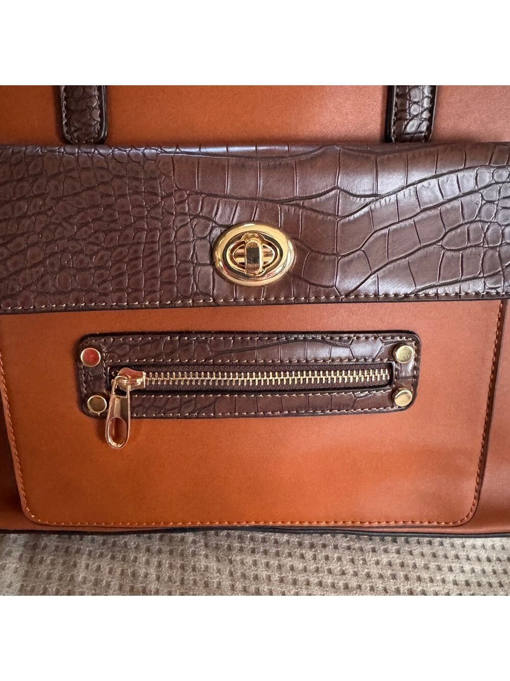 Brown Croc-Embossed Accent Structured Tote Handbag - Picture 2 of 12